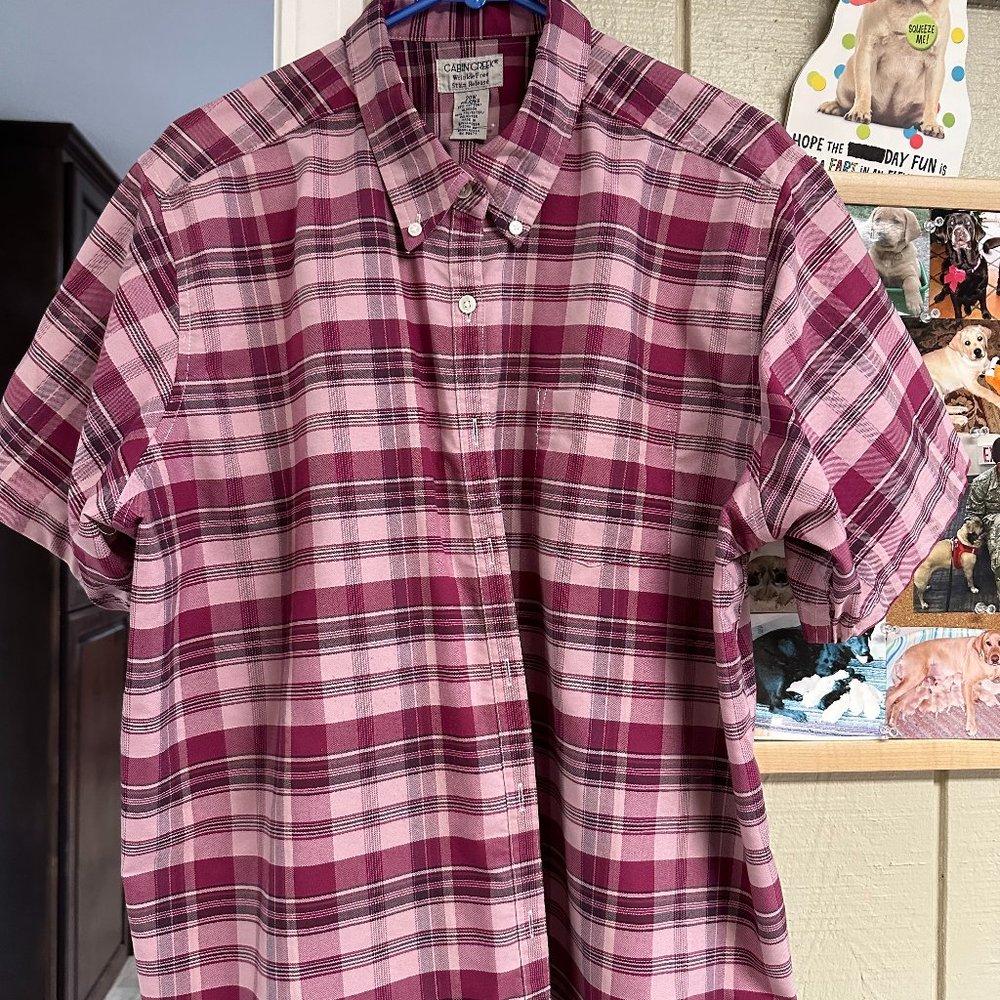CABIN CREEK SHIRT BLOUSE BURGANDY/PINK CHECK SIZE 20W